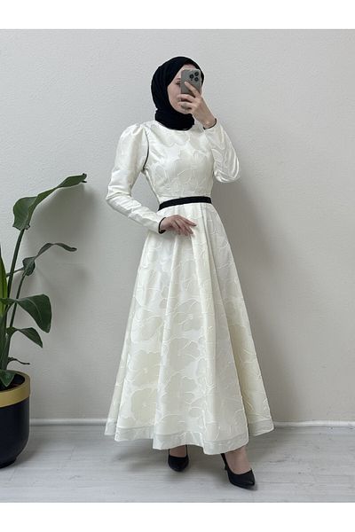 Modamorfo Ballonrock mit Gürtel, kalt bedrucktes Kaftan-Abendkleid – Weiß
