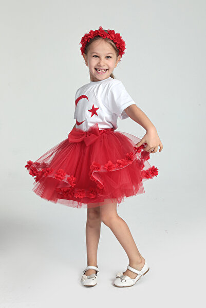 modabesta Girl's Red Floral Mini Tulle Green Skirt