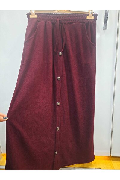 NUR TEKSTİL kadın bordo beli lastikli  önü düğme detaylı cepli kadife örme ku...