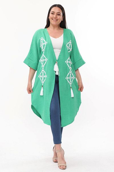 Ebsumu Large Size Green Linen Look Cardigan