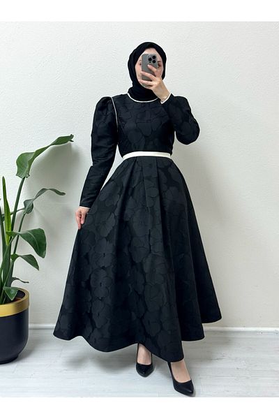 Modamorfo Ballonrock mit Gürtel, kalt bedrucktes Kaftan-Abendkleid – Schwarz