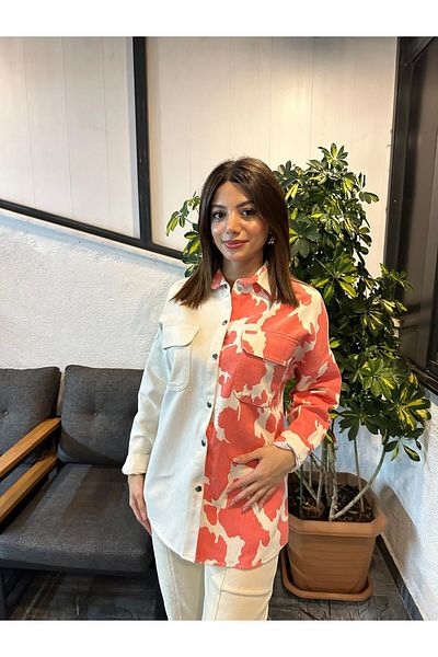 Kübra Tekstil Cămașă/Jachetă elegantă de lemn pentru femei, cu imprimeu, cu buzunar detaliat