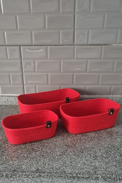 MKY Set of 3 Rectangular String Basket - Cotton and Wicker Organizer, Jute Basket Red