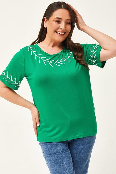 Ebsumu Women's Plus Size Branch Embroidery Detail Green Blouse
