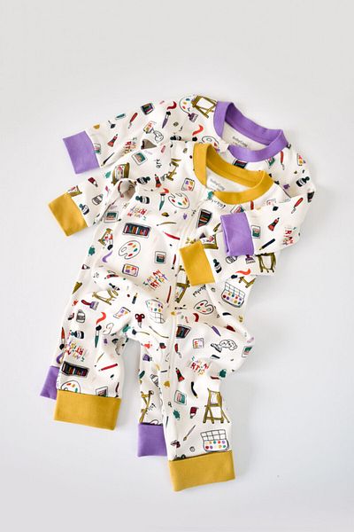 BabyCosy Set of 2 Long Sleeve Jumpsuits and Long Pants with Yellow and Purple Zipper,