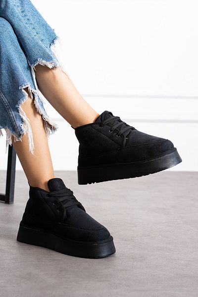 SOLDOY Μαύρα Suede Midi Boots - Χοντρή σόλα, Γούνα Εσωτερικά, Μισό Κορδόνι