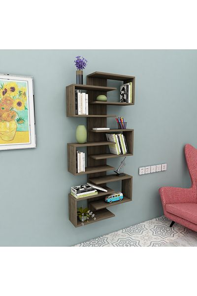 ARNETTİ Lotus Wall Mounted Bookcase and Shelf with 6 Walnut Colored Shelves