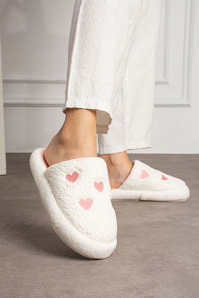 STOCON Women's Fluffy Pink Heart Embroidered House Slippers Dowry Bundle Slippers Valentine's Day Stc1055