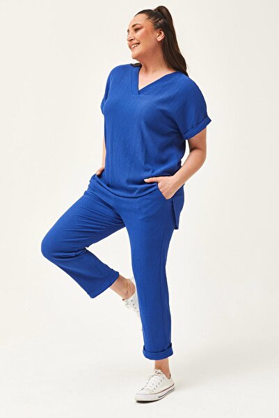Ebsumu Kadın Büyük Beden Kaprili Mavi Eşofman Takımı