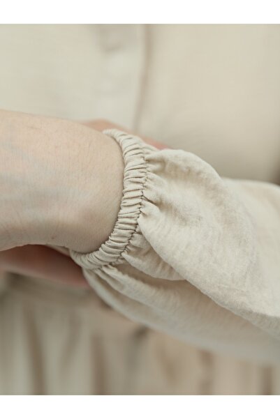 Modamorfo Half Buttoned Sleeve Elastic Waist Tie Dress -Beige