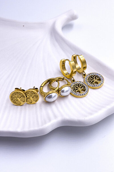 Radino Collection Women's Gold Pearl and Hoop Detailed Set of 6 Earrings Does Not Tarnish