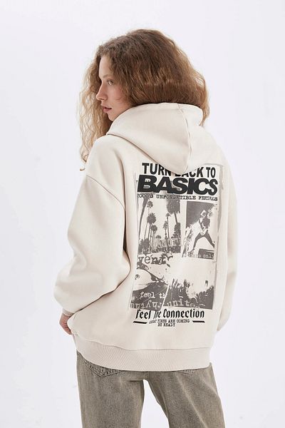 DeFacto Oversize Wide Fit Hooded Printed Thick Fabric Sweatshirt