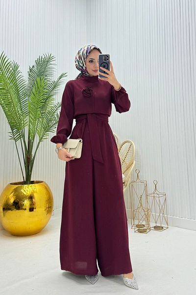 Neşeli Butik Women's Burgundy Belted Rose Detailed Loose Overalls Nms003