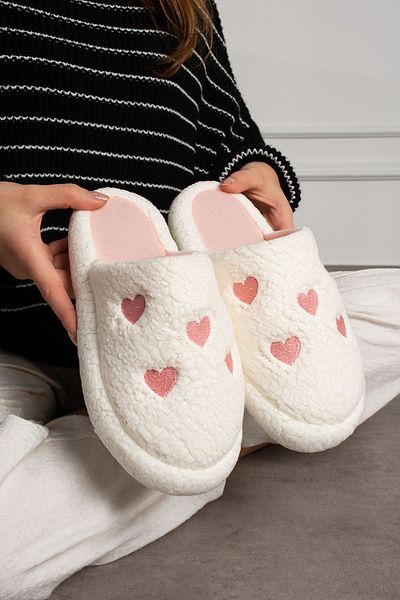 STOCON Women's Fluffy Pink Heart Embroidered House Slippers Dowry Bundle Slippers Valentine's Day Stc1055