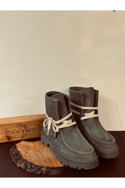 NİSH EXCLUSİVE 24117 Hakiki Deri Ortopedik Taban Bağcık Süs Modelli İçi Kürk KAplama Tüylü Bot