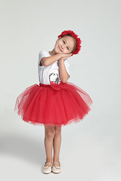 modabesta Kız Çocuk Taç Hediyeli Kırmızı Kurdele Detaylı Tül Tütü Etek