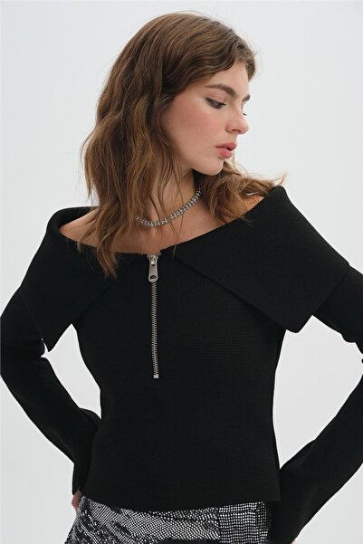 SHERIN Siyah Kayık Yaka Fermuarlı Triko Kazak