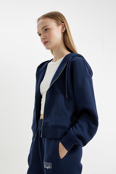 DeFacto Navy Blue Coool Standard Fit Hooded Basic Plain Kangaroo Pocket Zip-Up Sweatshirt