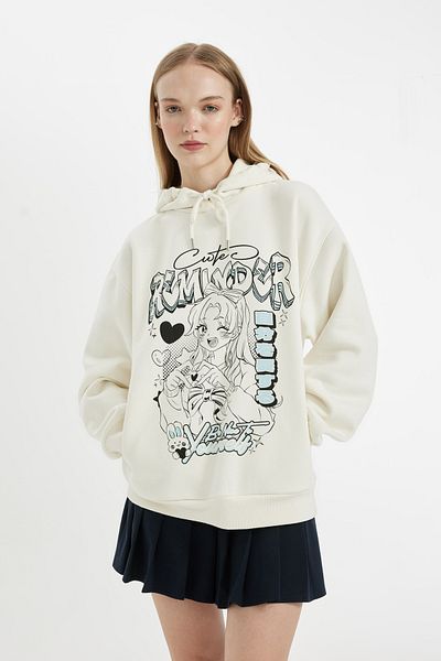 DeFacto Coool Oversize Wide Fit Hooded Printed Thick Fabric Sweatshirt