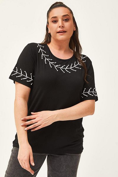 Ebsumu Women's Plus Size Branch Embroidery Detail Black Blouse