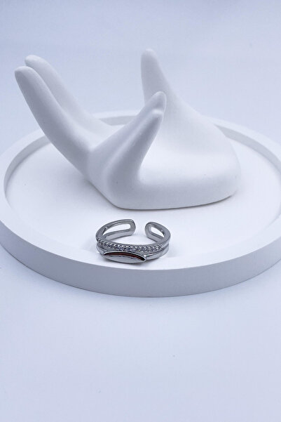 Radino Collection Women Vip Gold Zircon Detailed Adjustable Steel Ring Does Not Tarnish Silver