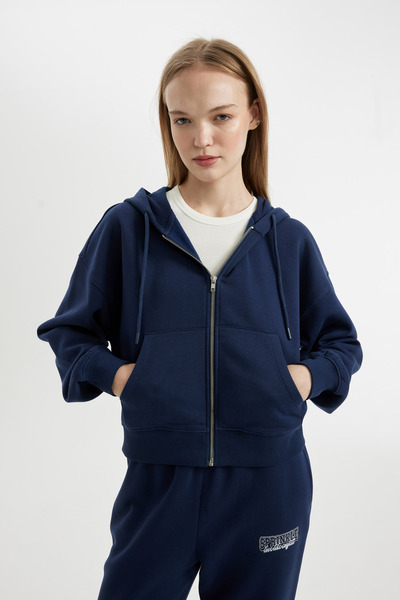 DeFacto Navy Blue Coool Standard Fit Hooded Basic Plain Kangaroo Pocket Zip-Up Sweatshirt