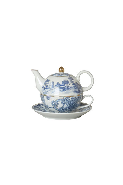 Lucky Art Florance Bone China Porcelain Blue White Baroque Pattern Single Teapot & Cup Set