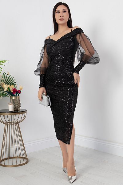 PULLIMM V-Neck Tulle Detail Sequin Dress 39939