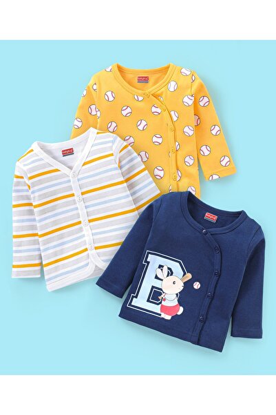 Babyhug سترة بأكمام كاملة من القطن بنسبة 100%، مخططة ومطبوعة بكرات التنس، عبو...