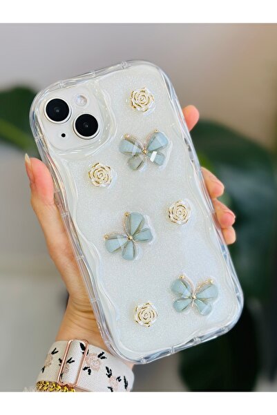 Go Aksesuar iPhone 14 Plus - 15 Plus Mother of Pearl Butterfly Design Silicone Case with Toy