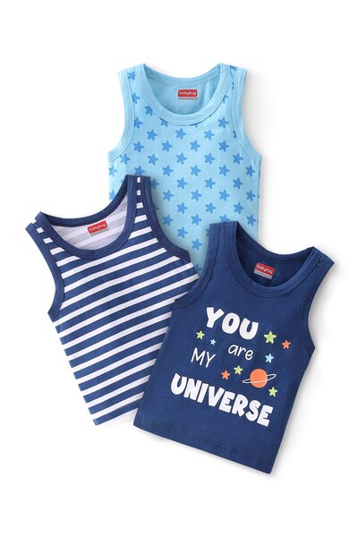 Babyhug 100% Cotton Knit Sleeveless Sando Stars Print Pack of 3 - Blue
