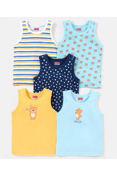 Babyhug سترات ساندو قطنية 100% بطبعة نجوم ودب، عبوة من 5 قطع - أزرق وبرتقالي