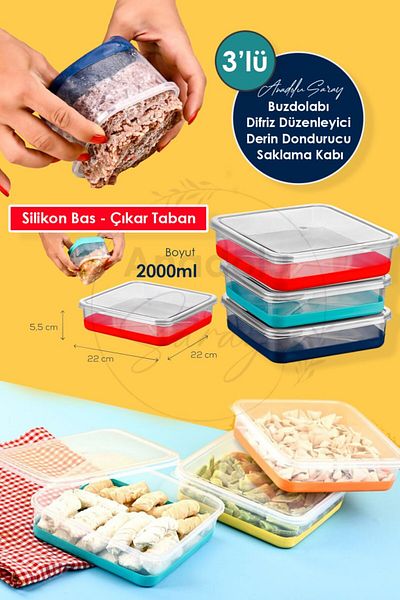 Anadolu Saray 3 Pcs 2000ml Silicone Based Press Release Refrigerator Freeze Deep Freezer Organizer Storage Container