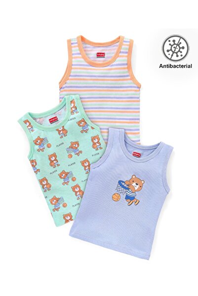 Babyhug Babyhug 100% Cotton Antibacterial Vests Teddy Print Pack Of 3 - Green & Purple