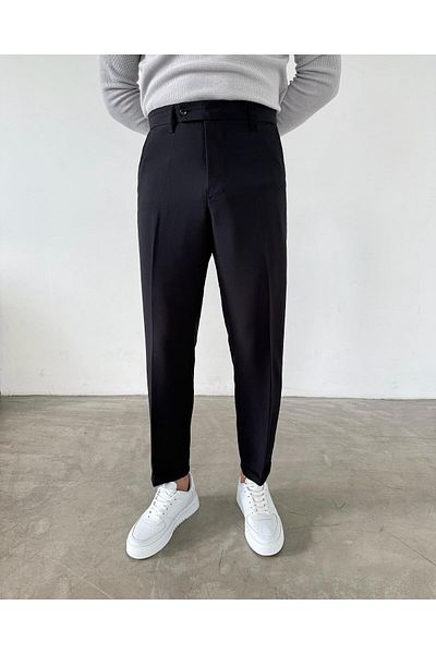 NO1 KONSEPT Pantaloni negri din material cu talie elastică, slim fit, cu două picioare