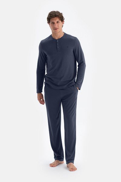 Dagi Σετ Πυτζάμες Μακρυμάνικο T-Shirt Μπλε Navy Blue Half Placket