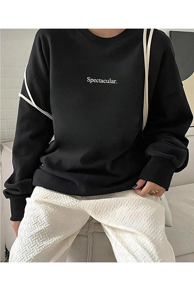 New Shine Spectular Text Printed Unisex Black Sweat - 2 κλωστές, Crew Neck