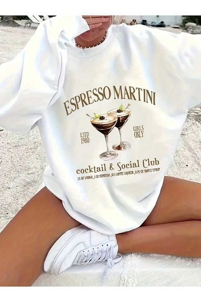 New Shine Espresso Martini Lettering Illustrated Printed Crew Neck Oversize Γυναικεία φούτερ