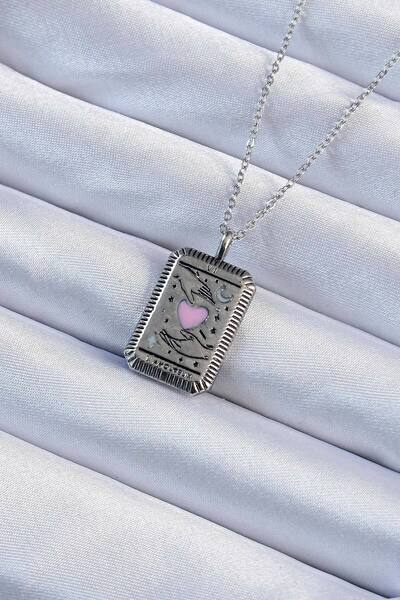 Skygo 316L Steel Chain Antique Silver Color Pink Enamel Heart Figure Tarot Ne...