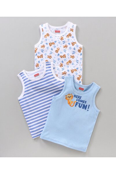Babyhug 100% Cotton Knit Sleeveless Sando Vests Pack of 3 Striped & Cubs Prin...