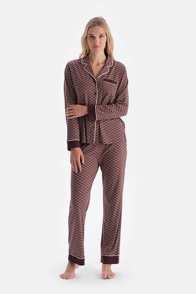 Dagi Set pijama pantaloni cămașă modal din bumbac pieptănat cu model geometric burgundy
