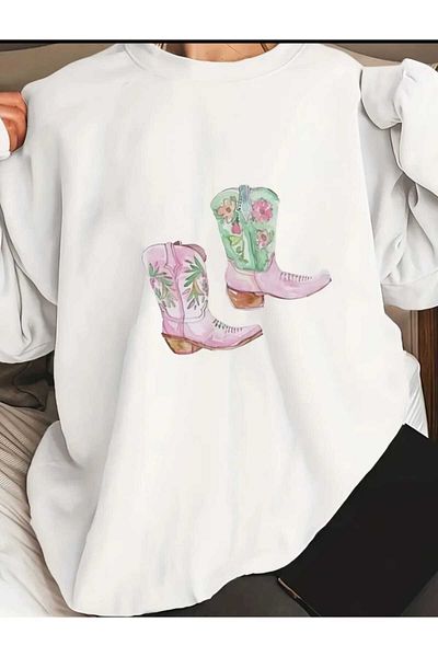 New Shine Φούτερ Unisex Oversize - Crew Neck, Boots Printed