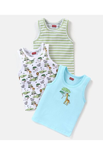 Babyhug 100 % Cotton Sleeveless Giraffe Print Sandos Pack of 3 - Blue White &...