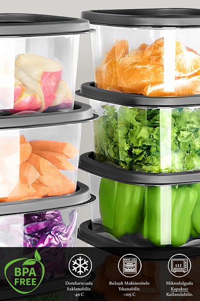 Meleni Home 12 Pcs Square Food Storage Container - 630ml Anthracite Fridge Organizer Microwave Freeze Container