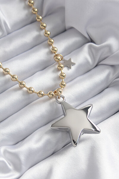 Skygo قلادة نحاسية ذهبية اللون بسلسلة فضية ثلاثية الأبعاد على شكل نجمة وتفاصي...