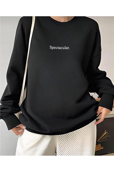New Shine Spectular Text Printed Unisex Black Sweat - 2 κλωστές, Crew Neck