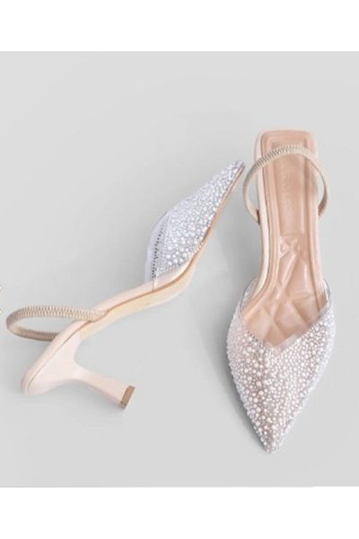 Park Moda Transparent Pearl Detailed Champagne Heel Stiletto Mold Heeled Shoes