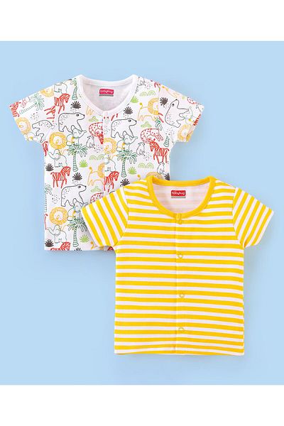 Babyhug Babyhug 100% Cotton Knit Half Sleeve Front Open Vests Stripes & Bear Print Pack of 2 -Yellow & White