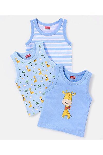 Babyhug 100% Cotton Knit Sleeveless Striped Sando Giraffe Print Pack of 3 - Blue