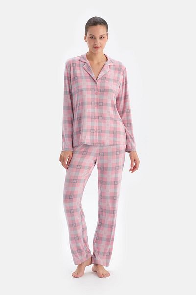 Dagi Soft Pink Plaid Thermal Shirt Pants Pajama Set